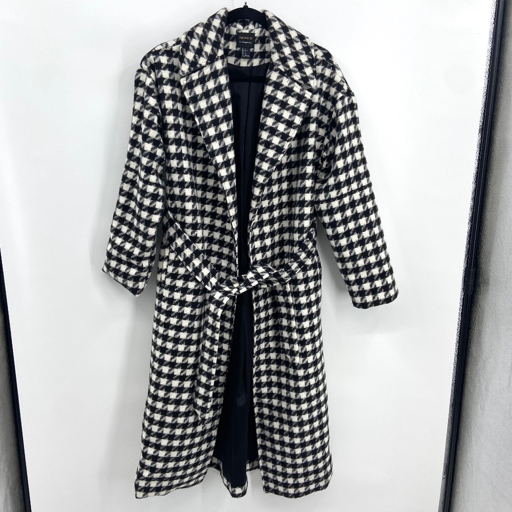 FOREVER 21 Contemporary Black White Houndstooth Wool Long Duster Coat Medium